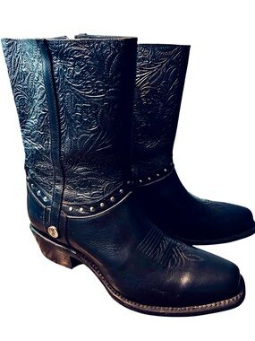 Sonora Bailey Authentic Leather Embossed  Black Cowboy Boots